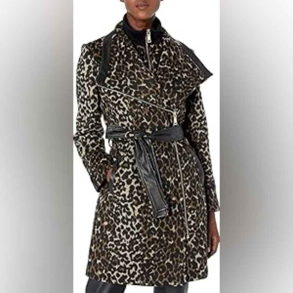 Vince Camuto Leopard Print Trench Coat with Black Faux LeatherDetails